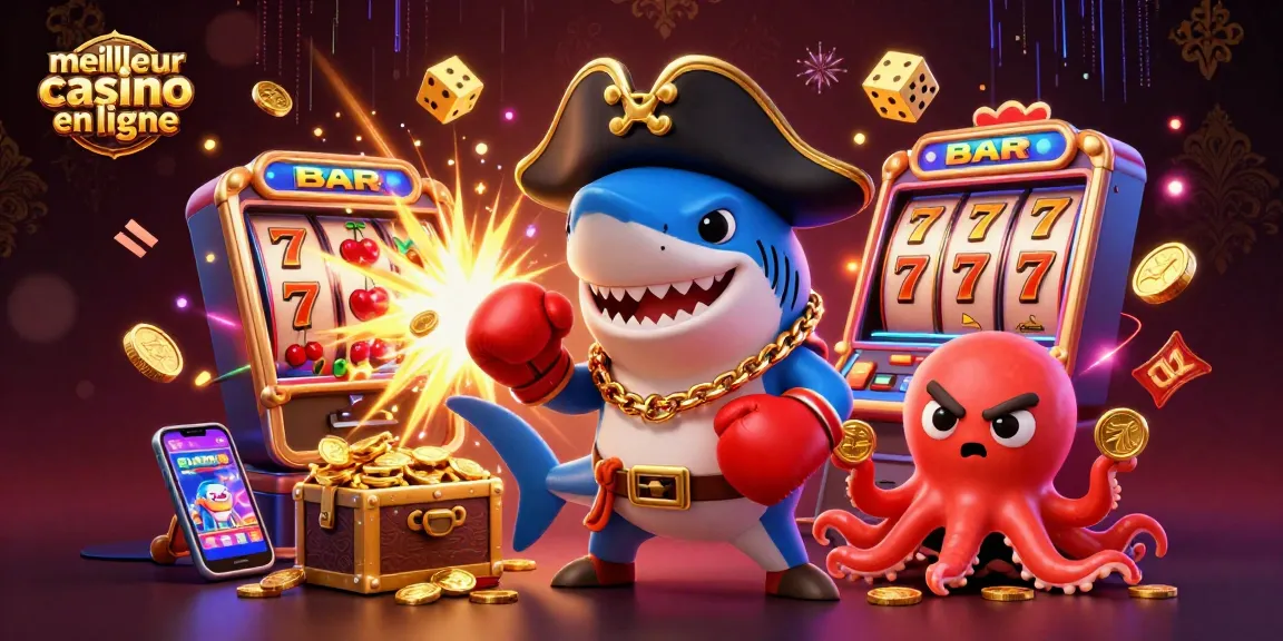 Illustration dynamique du meilleur casino en ligne avec un requin pirate et des jeux de machines à sous