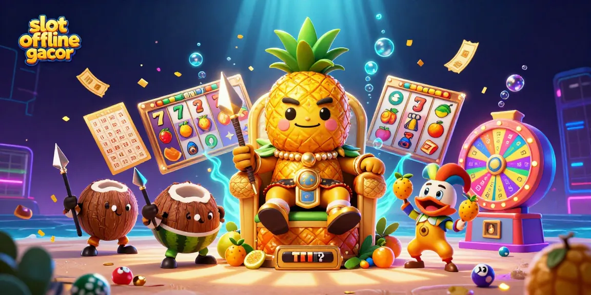 Slot offline gacor menawarkan pengalaman bermain seru dengan berbagai simbol buah dan jackpot di sekeliling raja nanas emas.