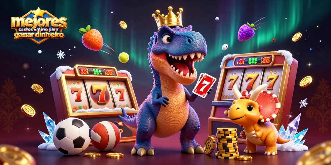 Ilustración 3D de un T-Rex jugando cartas en los mejores casinos online para ganar dinero, rodeado de símbolos de tragamonedas y deportes.