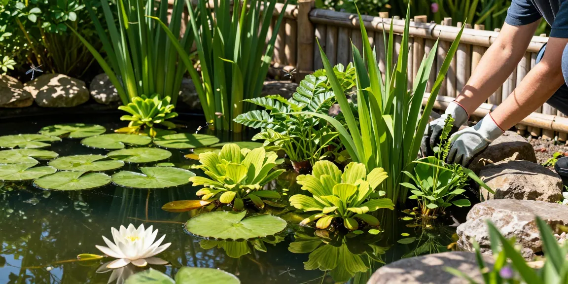 Beautiful British pond plants flourishing in a serene garden pond, person tending to Water Lilies.