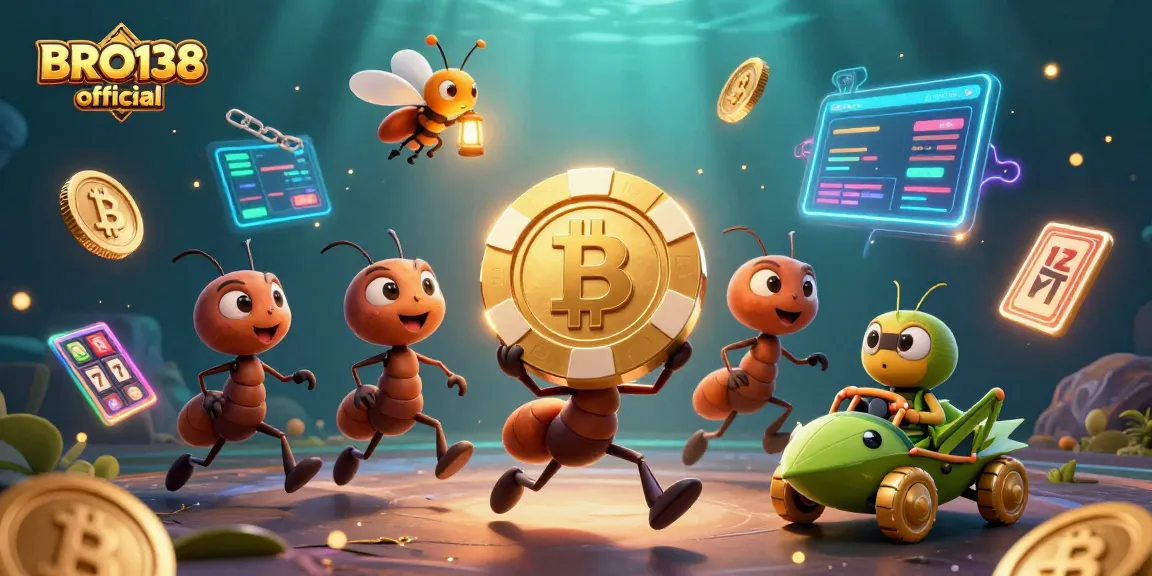 Catch the excitement with BRO138 official as cartoon ants heist giant poker chip amidst cryptocurrency elements.