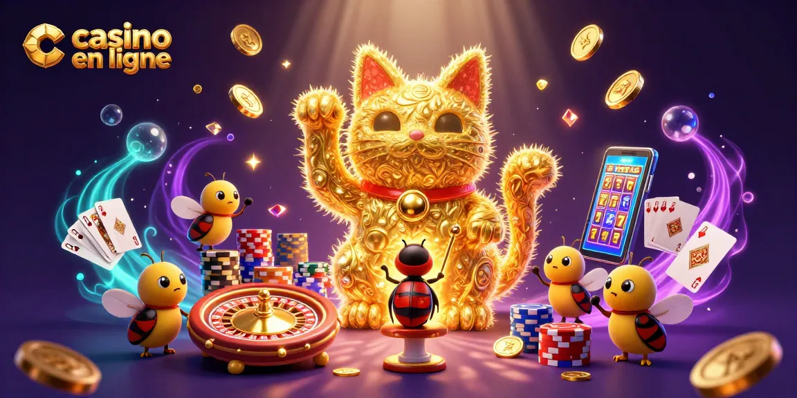Profitez d'une expérience de casino en ligne captivante avec un chat porte-bonheur et des symboles de jeu.