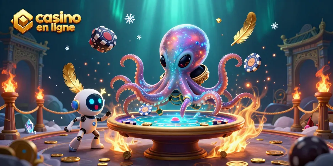 Casino en ligne : une illustration 3D dynamique montrant un poulpe alien jouant aux cartes, entouré de jetons et d'effets de feu.