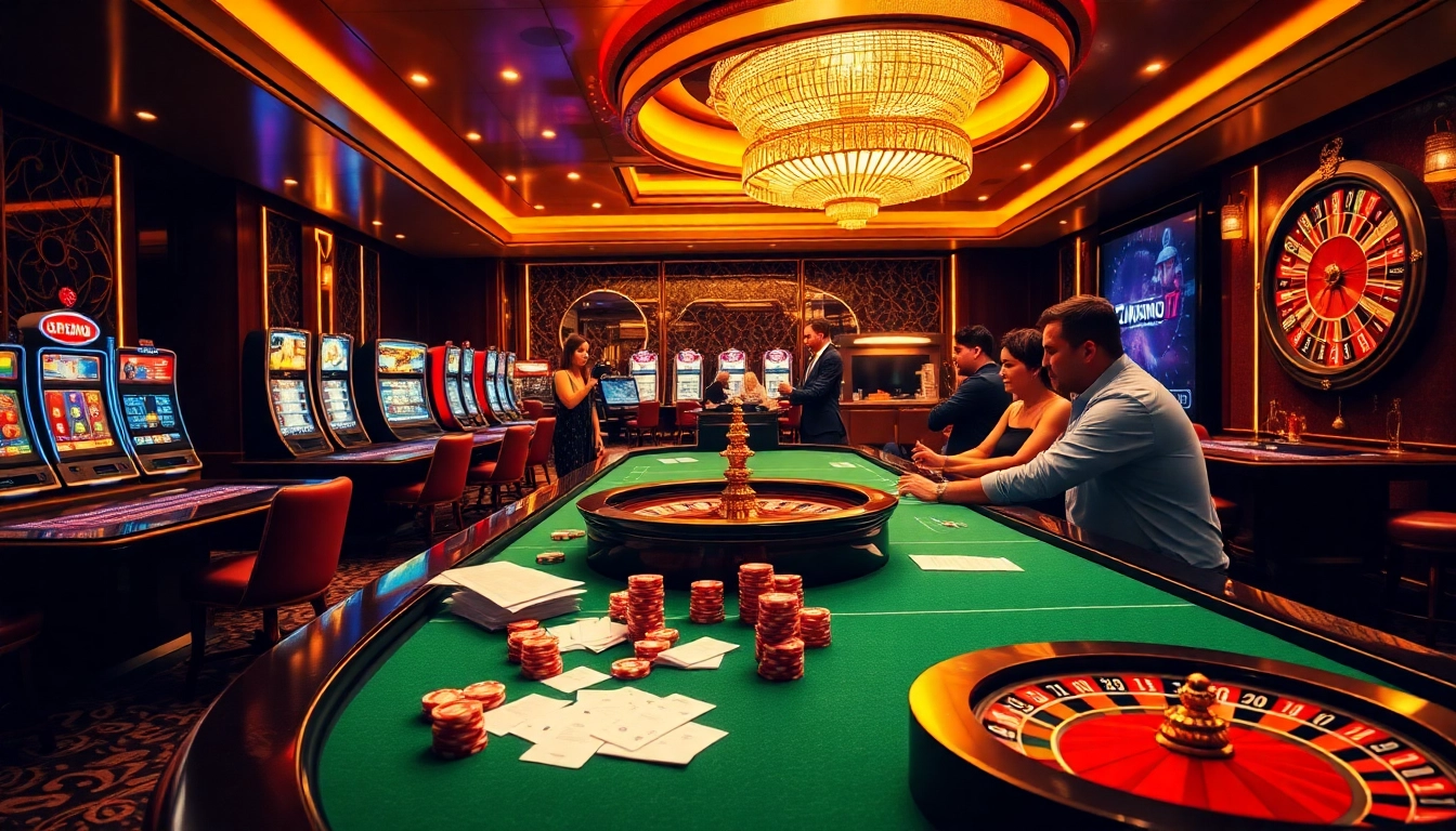 Une scène engageante de casino en ligne argent réel France avec des jetons de poker, des machines à sous et une roue de la roulette.
