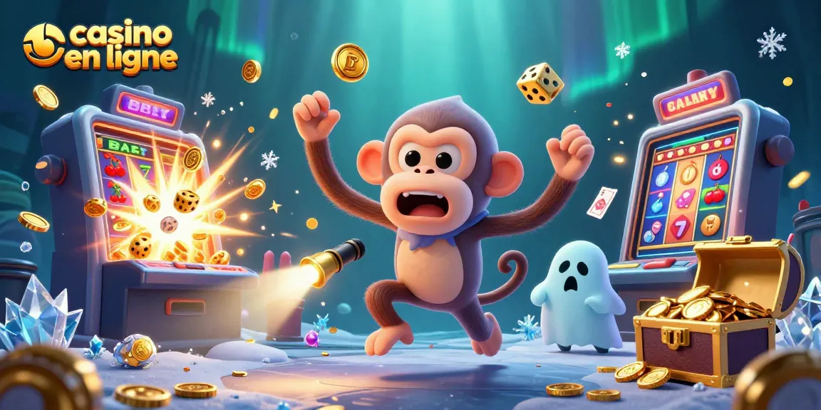 Illustration dynamique de casino en ligne avec un singe poltergeist et un chiot chasseur de fantômes.
