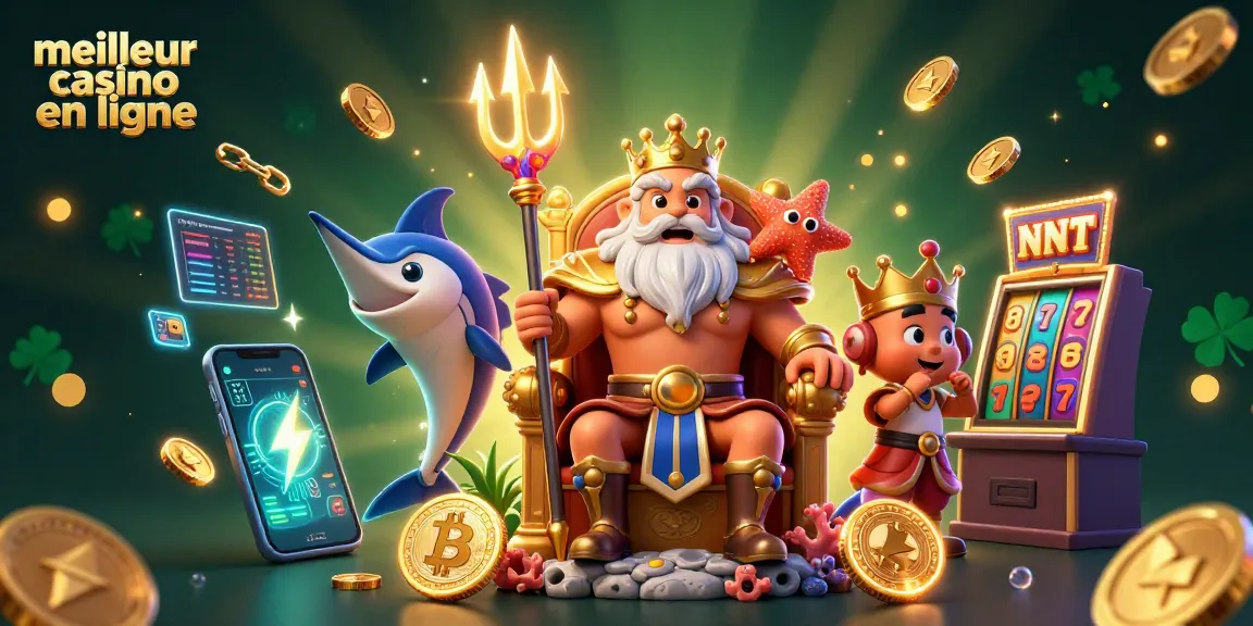 Jouer au meilleur casino en ligne avec Neptune et ses trésors marins entourés de pièces de crypto-monnaie.