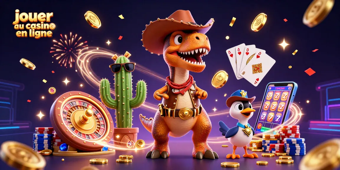 Jouez au casino en ligne avec une illustration dynamique de personnages et d'éléments de jeu captivants.