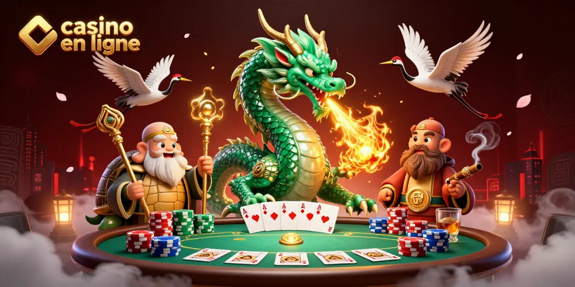 Une illustration captivante de casino en ligne avec un dragon, une tortue sage et des grues chanceuses.