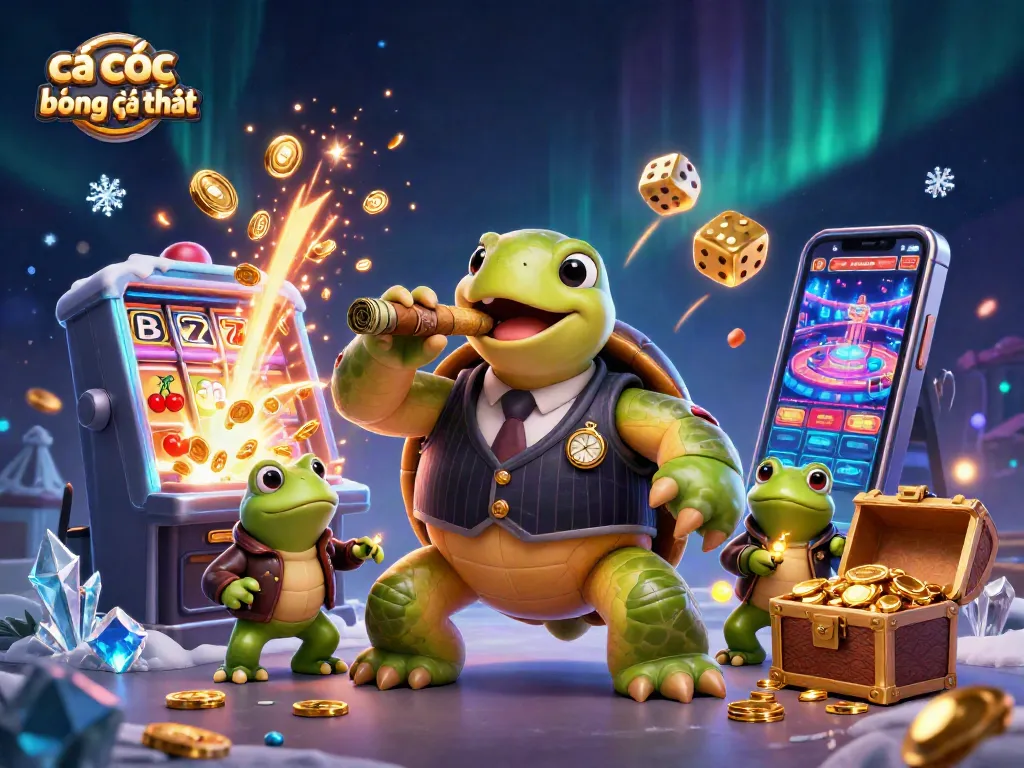 Cá cược bóng đá uy tín, mô tả sinh động về con rùa khổng lồ và các ký tự casino khác.