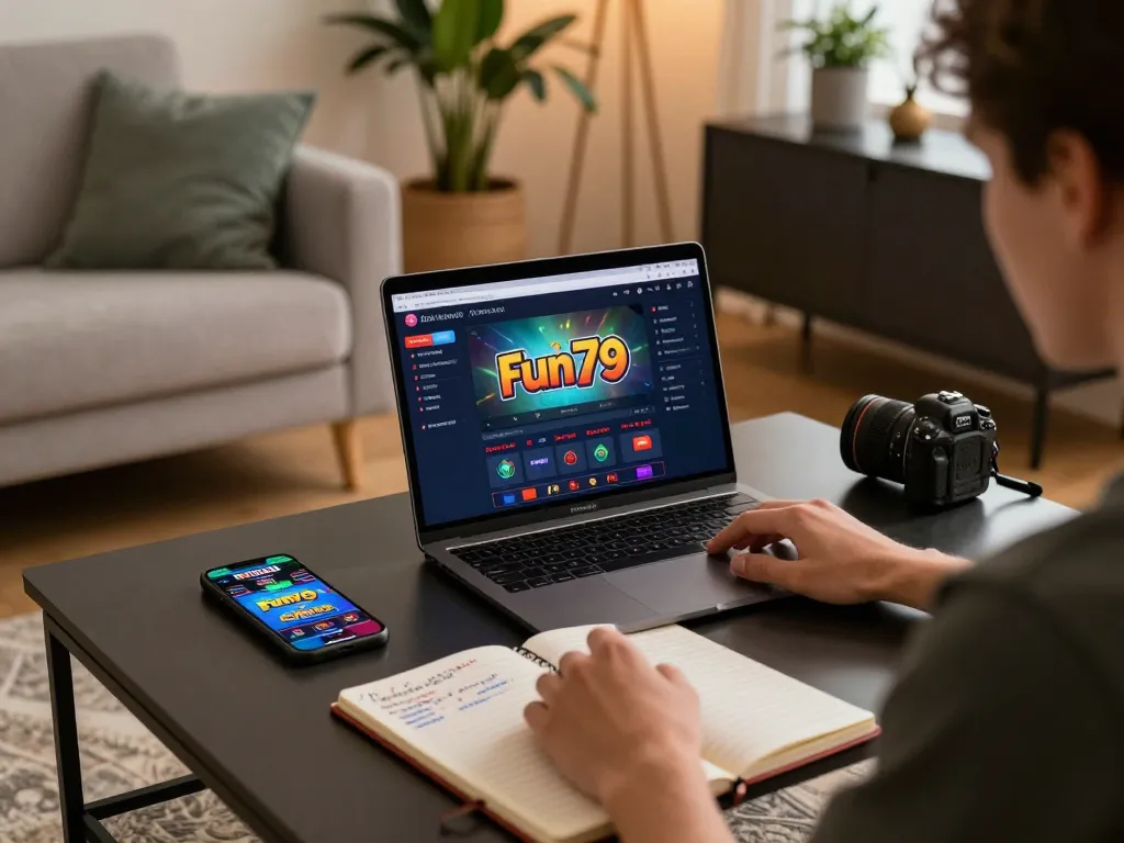 Engaging with fun79's online gambling interface while seated comfortably at home