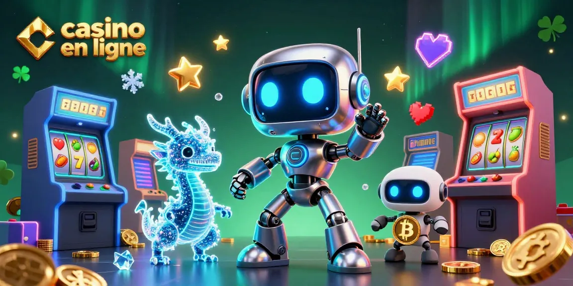 Jouer sur un casino en ligne avec un robot en 3D et des machines à sous colorées autour.