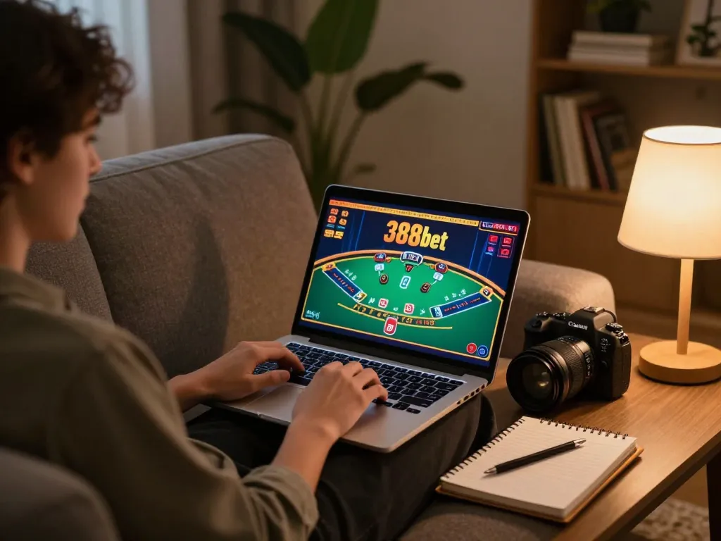 Engaging online gaming moment on 388bet, depicting live dealer blackjack with notebook and laptop.