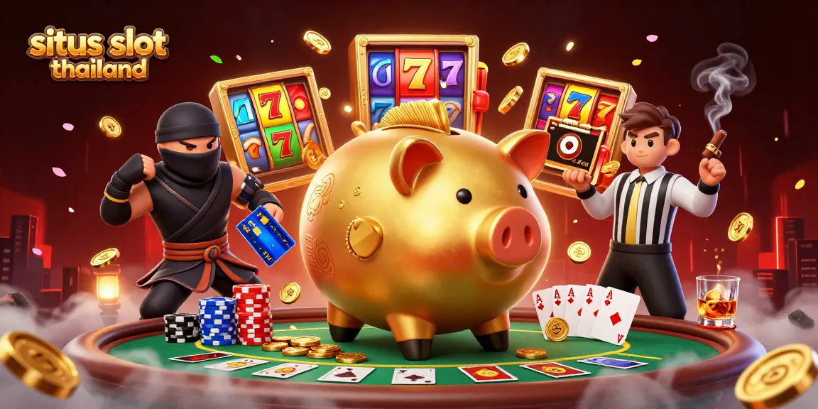 Situs slot thailand showcases dynamic golden piggy bank sumo wrestler and ninja characters amid vibrant slot reels and poker elements.