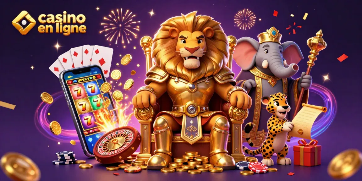 Le roi lion et ses conseillers au casino en ligne, entourés de jeux et de confettis.