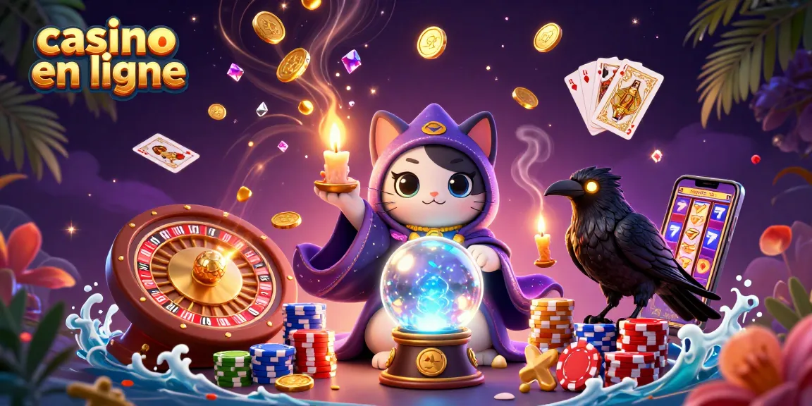 Attirez la chance avec ce casino en ligne illustré par une mystérieuse chatte et un corbeau.