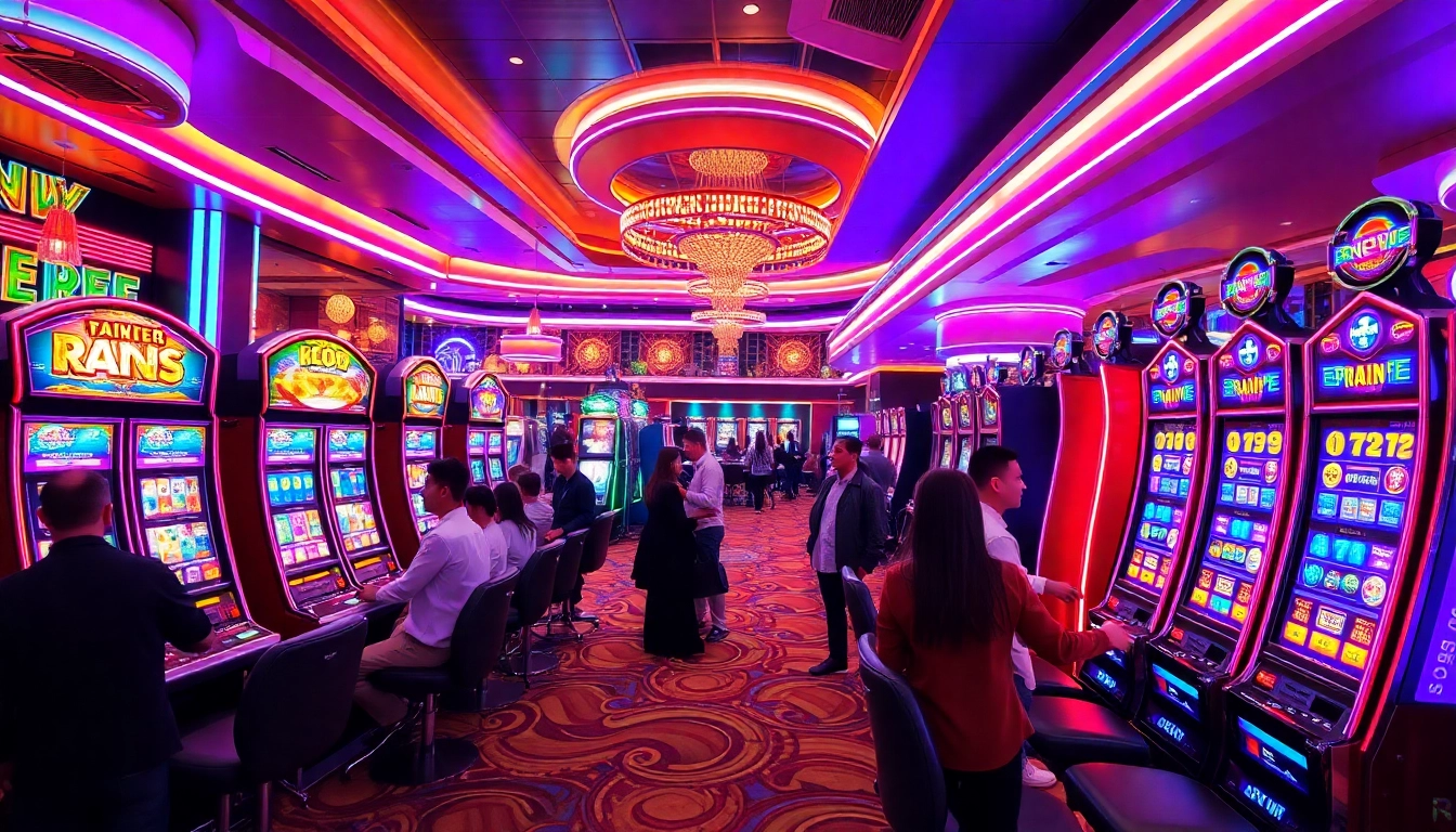 Rtp slot terbaru machines in an exciting casino setting, showcasing vibrant lights and enthusiastic players.