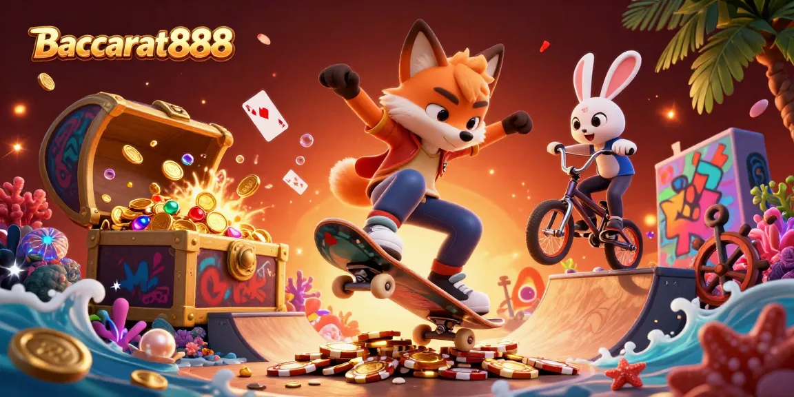Baccarat888 captures thrilling gameplay with a fox and rabbit in a dynamic casino scene filled with treasures.