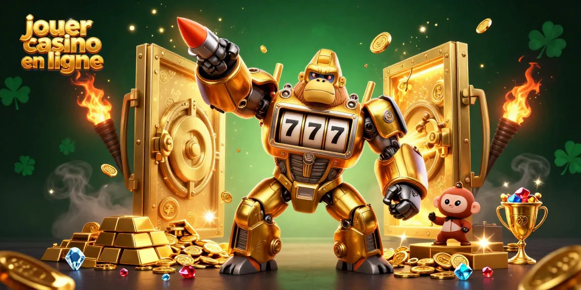 Jouer au casino en ligne avec un gorille mech en or explosant de pièces et des trésors scintillants.
