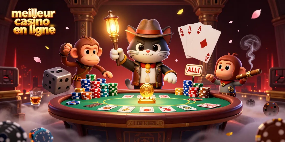 Jouez au meilleur casino en ligne avec un explorateur et un singe découvrant des artefacts et des jetons de poker.