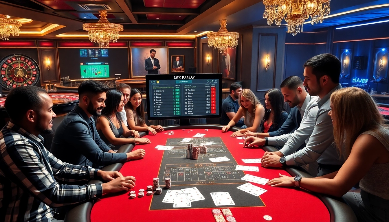 Participants engaging in Mix Parlay betting at a luxurious casino table with vibrant sports screens.