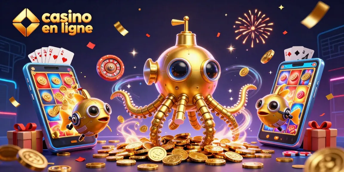 Jouez à des jeux de casino en ligne tout en admirant une illustration 3D de kraken doré sur un océan de pièces.