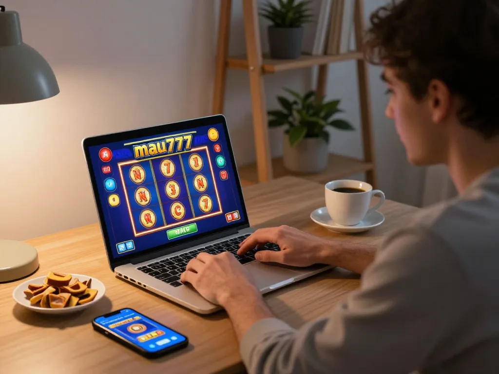 Engaging gameplay on mau777 slot with player focused at home setup, coffee and snacks in view