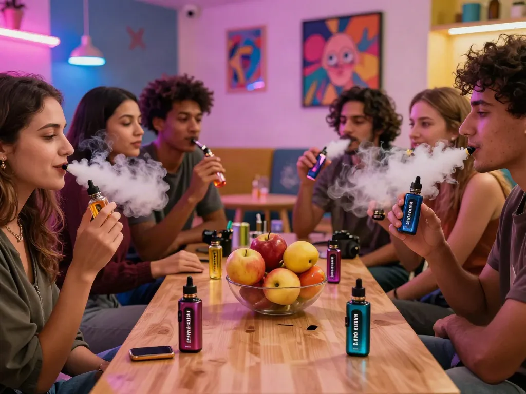 Enjoying an alternativ e-liquid bundle in a vibrant vaping lounge with friends.