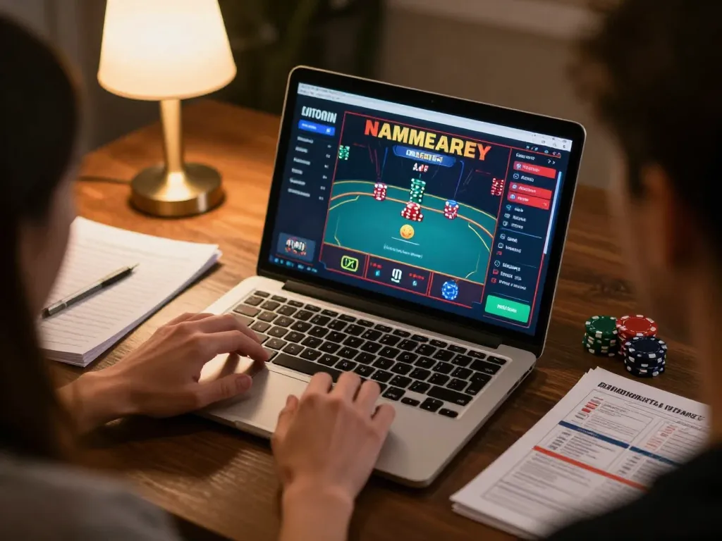 Engaging online poker game session showcasing casino non aams legali strategies with players betting on sleek laptop.
