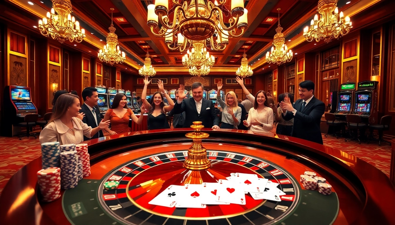 Scène excitante de casino en ligne argent réel France avec roulette, jetons de poker et joueurs en action.