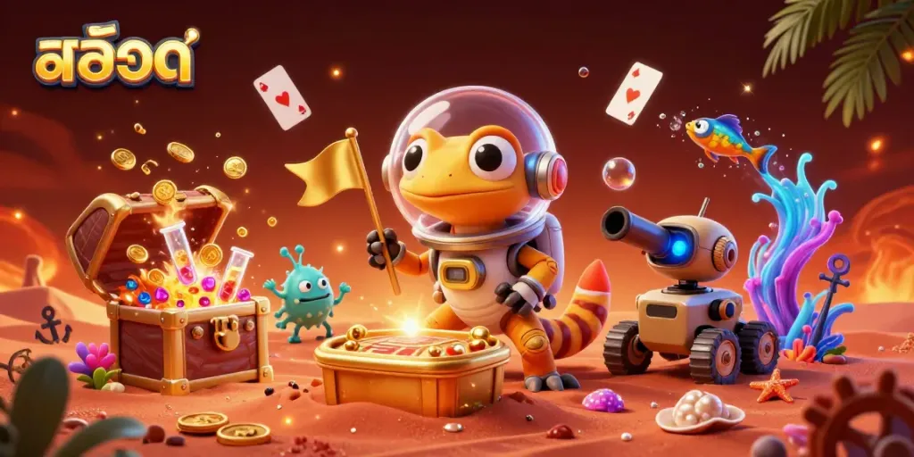 Engage in exciting สล็อต adventures with a Martian gecko discovering a golden casino on Mars.