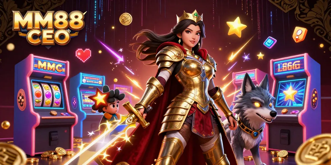 Engage in gaming excitement with MM88 CEO, featuring a warrior queen and animated gaming elements.