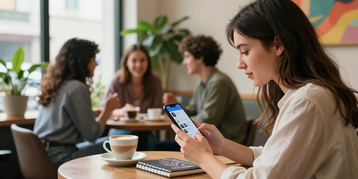 Young woman using crush on app in a cozy cafe environment