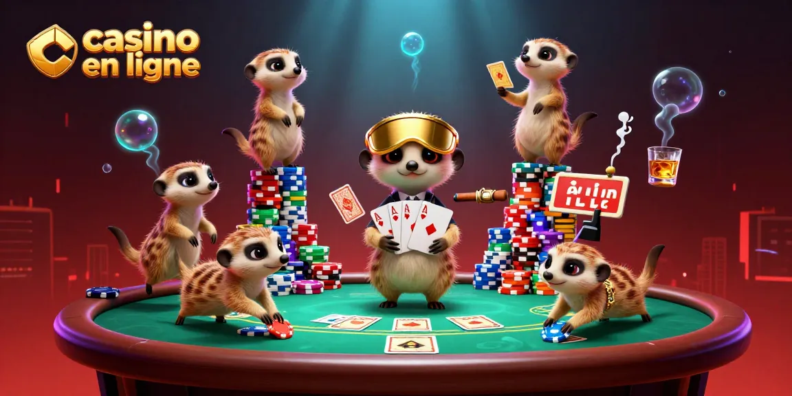Casino en ligne : Colony de suricates gérant un casino, jeu de poker animé.