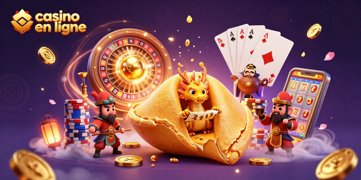 Illustration d'un casino en ligne avec un cookie fortune géant, un dragon sage et des personnages de casino.