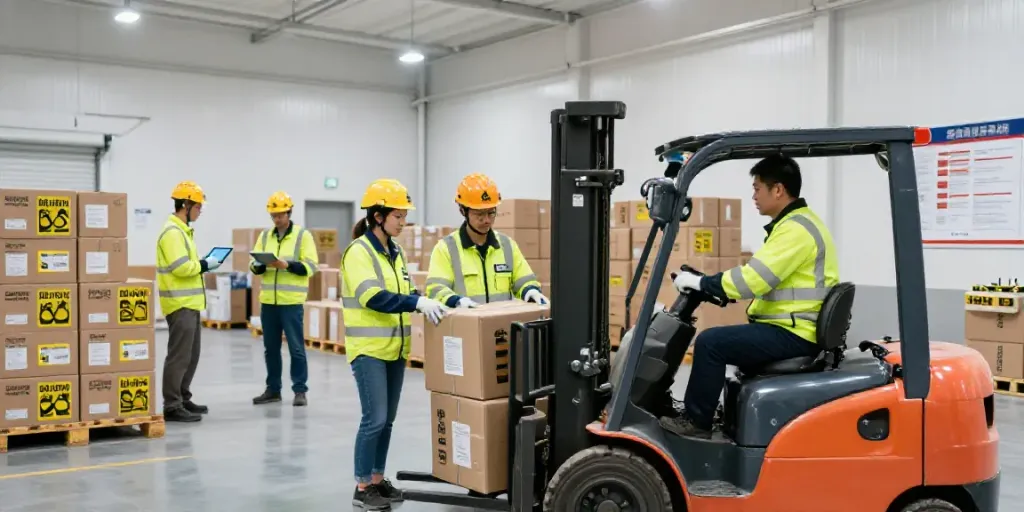 Logistikszene mit Mitarbeitern, die Lithium Batterie Transport sicher abwickeln.