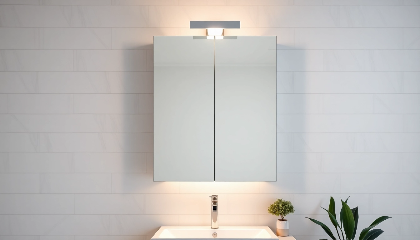 Bright mirrored bathroom cabinet with light reflecting elegance in a stylish bathroom.