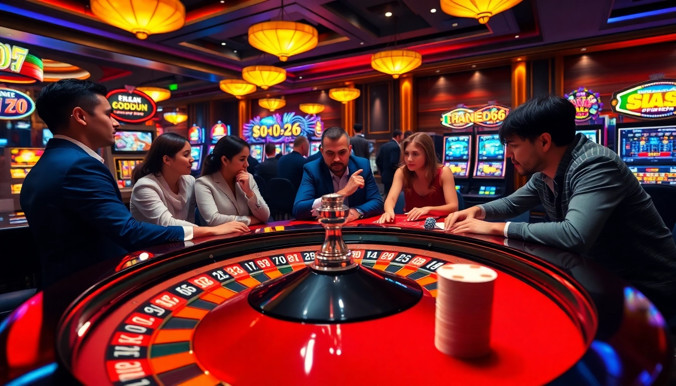 SODO66 branded roulette wheel and poker table in a vibrant casino scene.