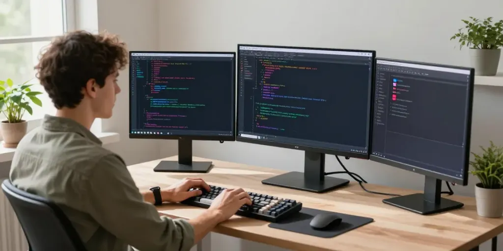 Developer using Notepad++ in a bright workspace with colorful code.