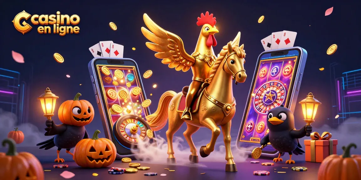 Illustration d'un casino en ligne luxueux avec un coq doré et des éléments de jeu captivants, illuminés.