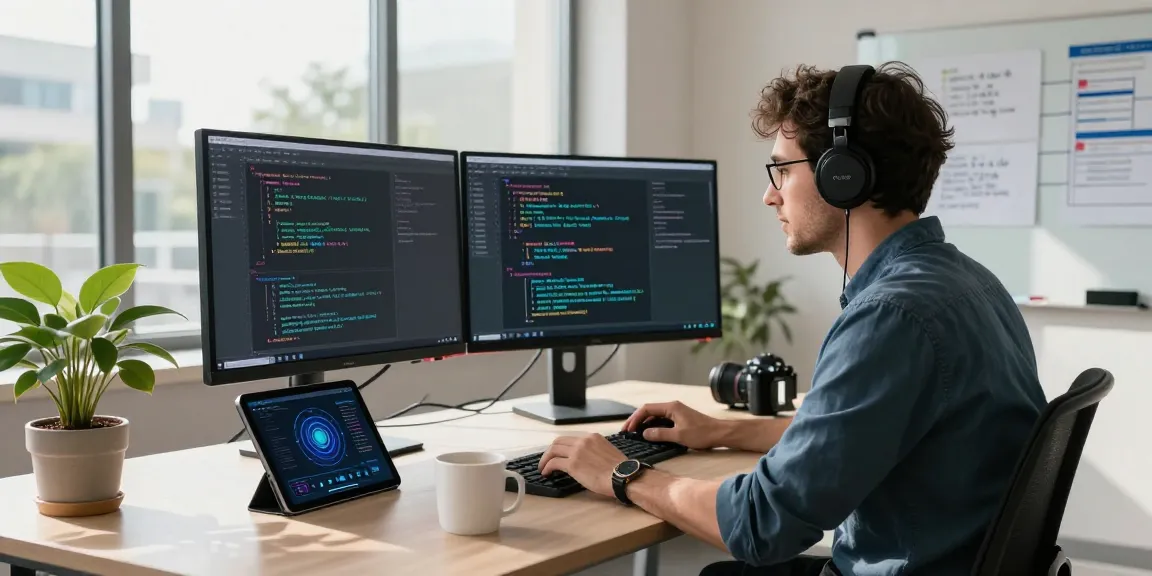 AI developer coding in modern tech workspace focused on spicy ai innovations, showcasing dual monitors and vibrant environment.