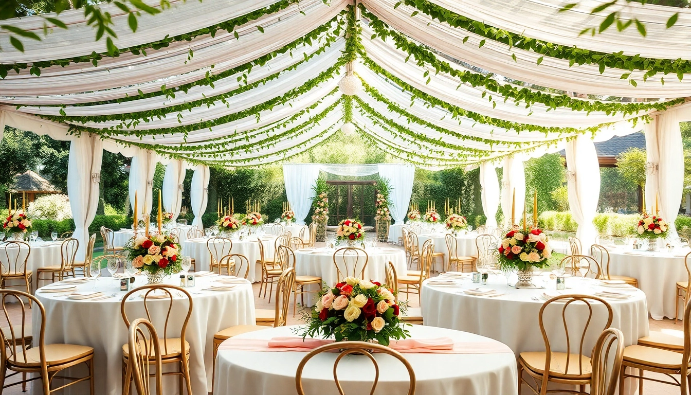 Stunning wedding setup highlighting Wedding & Event Rentals with elegant décor and floral arrangements.