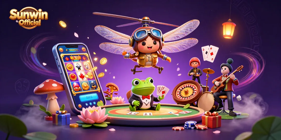 Engage with Sunwin Official's virtual gaming magic featuring a dragonfly pilot above a lily pad casino.