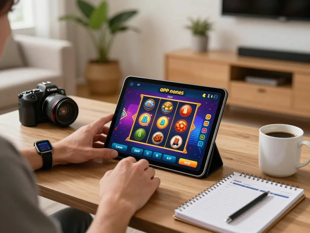 Player enjoying apk slot games on tablet in cozy home environment, emphasizing responsible gaming.