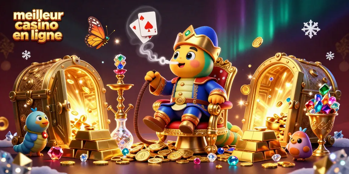 Découvrez le meilleur casino en ligne avec cette illustration dynamique de jeux et trésors.