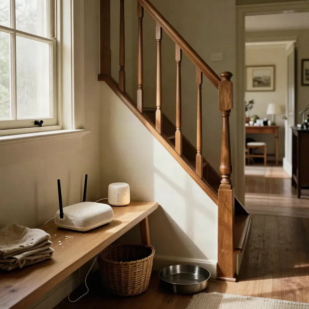 Cream mesh node and router on a mudroom bench, softly lit stair landing connected above.