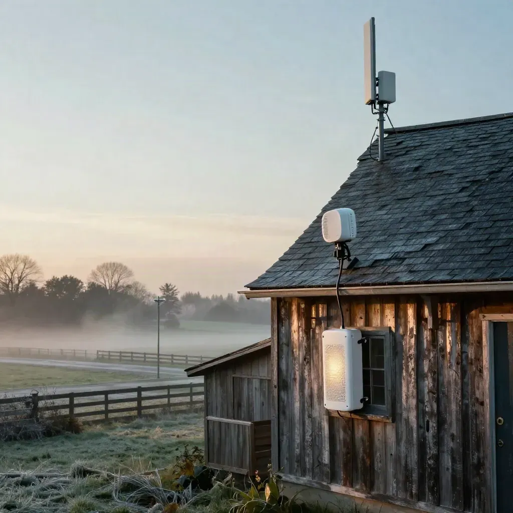 Farmhouse wireless setup with roof receiver, glowing window node, and relay mast in misty dawn.