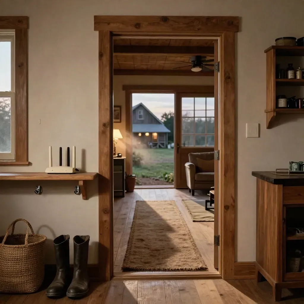 Farmhouse router coverage linking living room, mudroom, porch and barn at dusk.