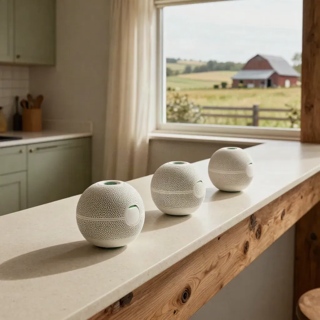 Three mesh Wi‑Fi nodes glowing across a rural loft with barn and outbuildings beyond