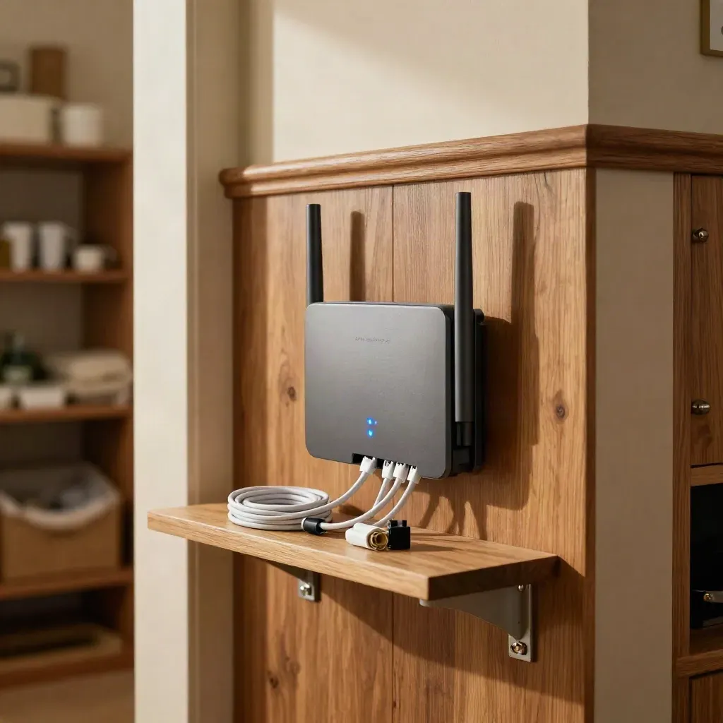 Router glowing beside tidy cables and spare leads on a walnut pantry shelf.