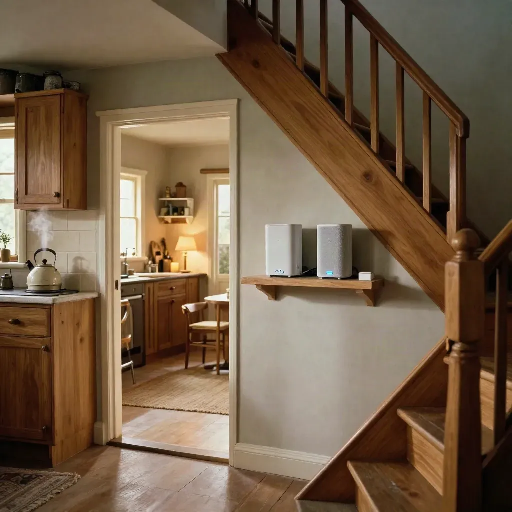 Empty home interior with mesh Wi‑Fi nodes linking kitchen, den doorway, and upstairs landing